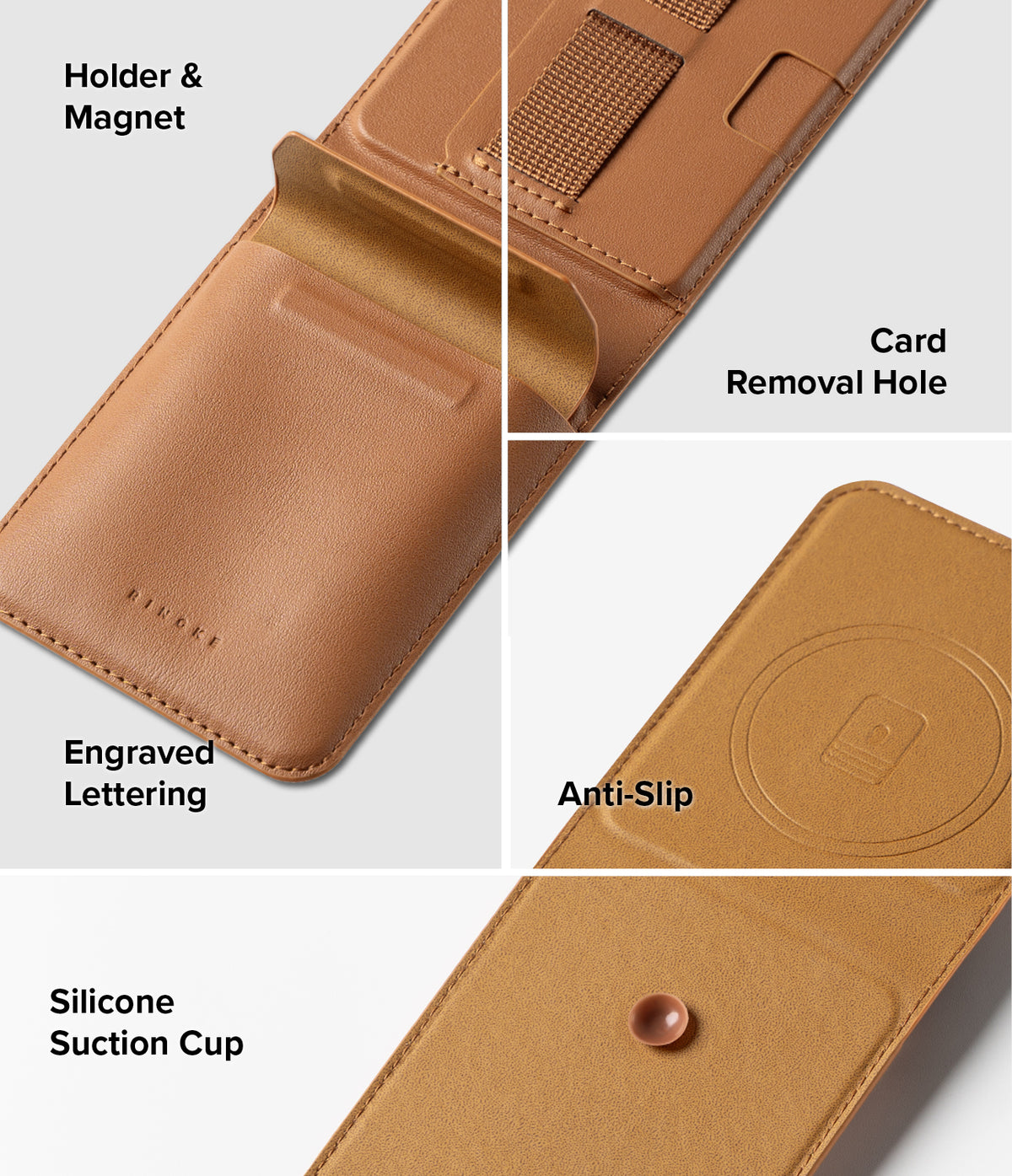 Galaxy Z Flip 7 Cover | Folio Grip Wallet Magnetic - Brown leather wallet case showing card holder, removal hole, engraved logo, anti-slip ring, and suction cup.