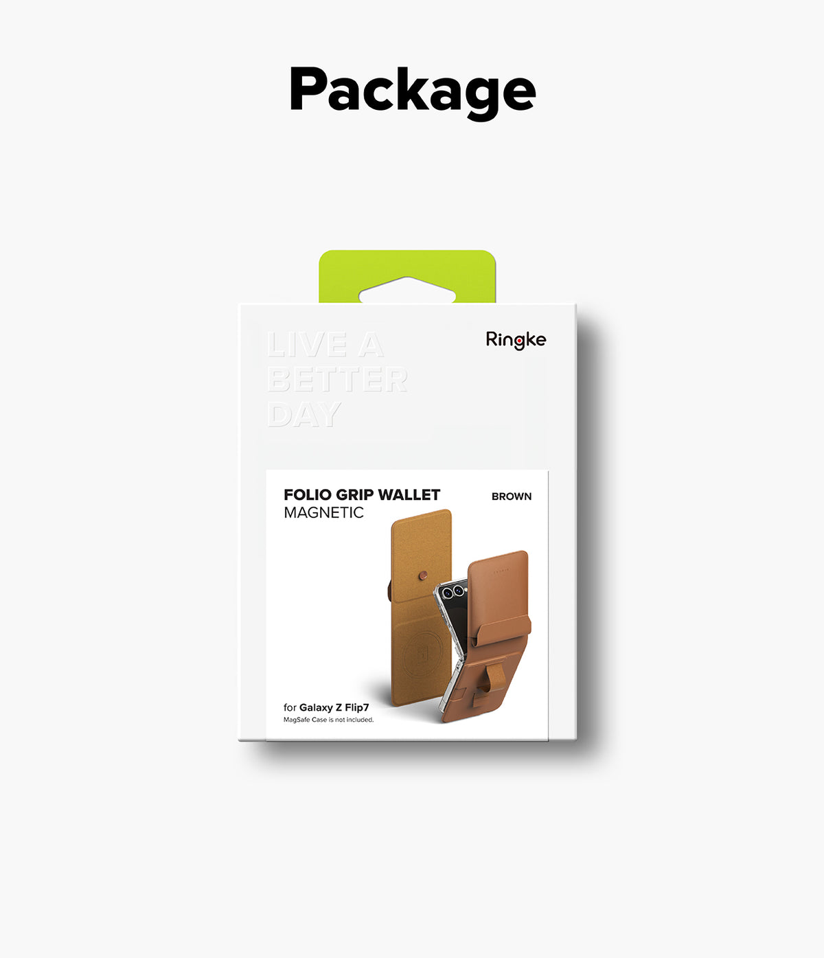 Galaxy Z Flip 7 Cover | Folio Grip Wallet Magnetic - Retail packaging for a brown magnetic folio grip wallet case for the Galaxy Z Flip 7.