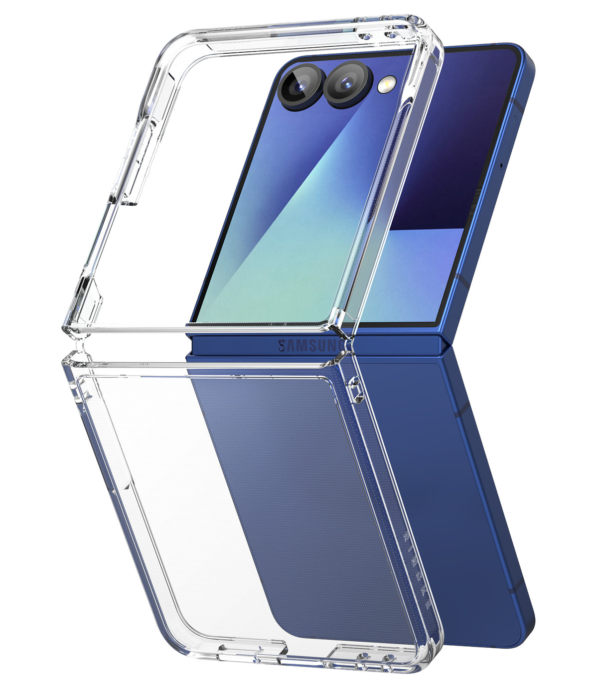 Galaxy Z Flip 7 Clear | Fusion - A clear protective case hovering over a folded blue Samsung Galaxy Z Flip 7 smartphone.