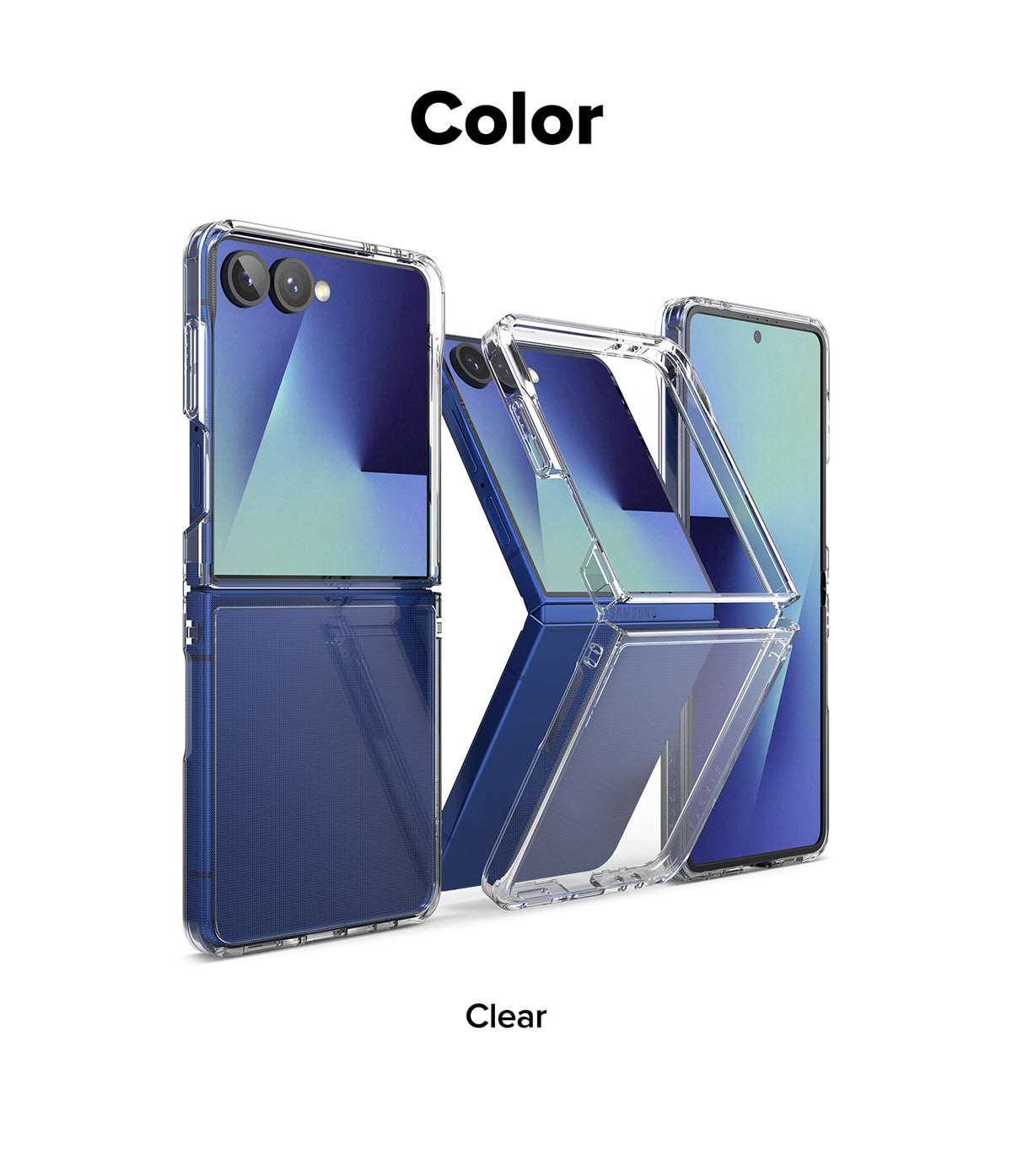 Galaxy Z Flip 7 Clear | Fusion - Two blue Galaxy Z Flip 7 phones in clear protective cases, one folded and one open.