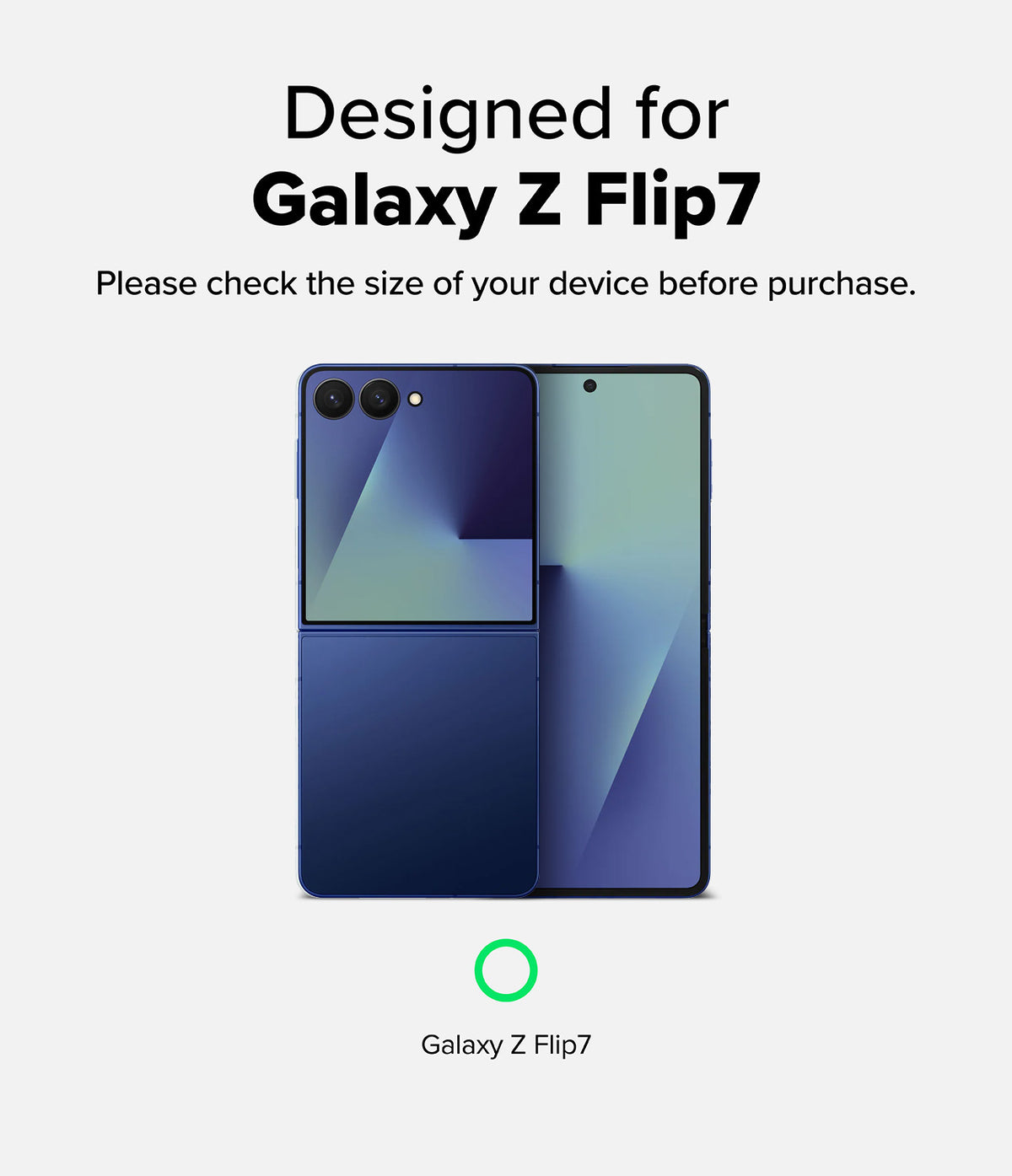 Galaxy Z Flip 7 Clear | Fusion - A blue Galaxy Z Flip 7 phone shown folded and unfolded with text confirming device compatibility.