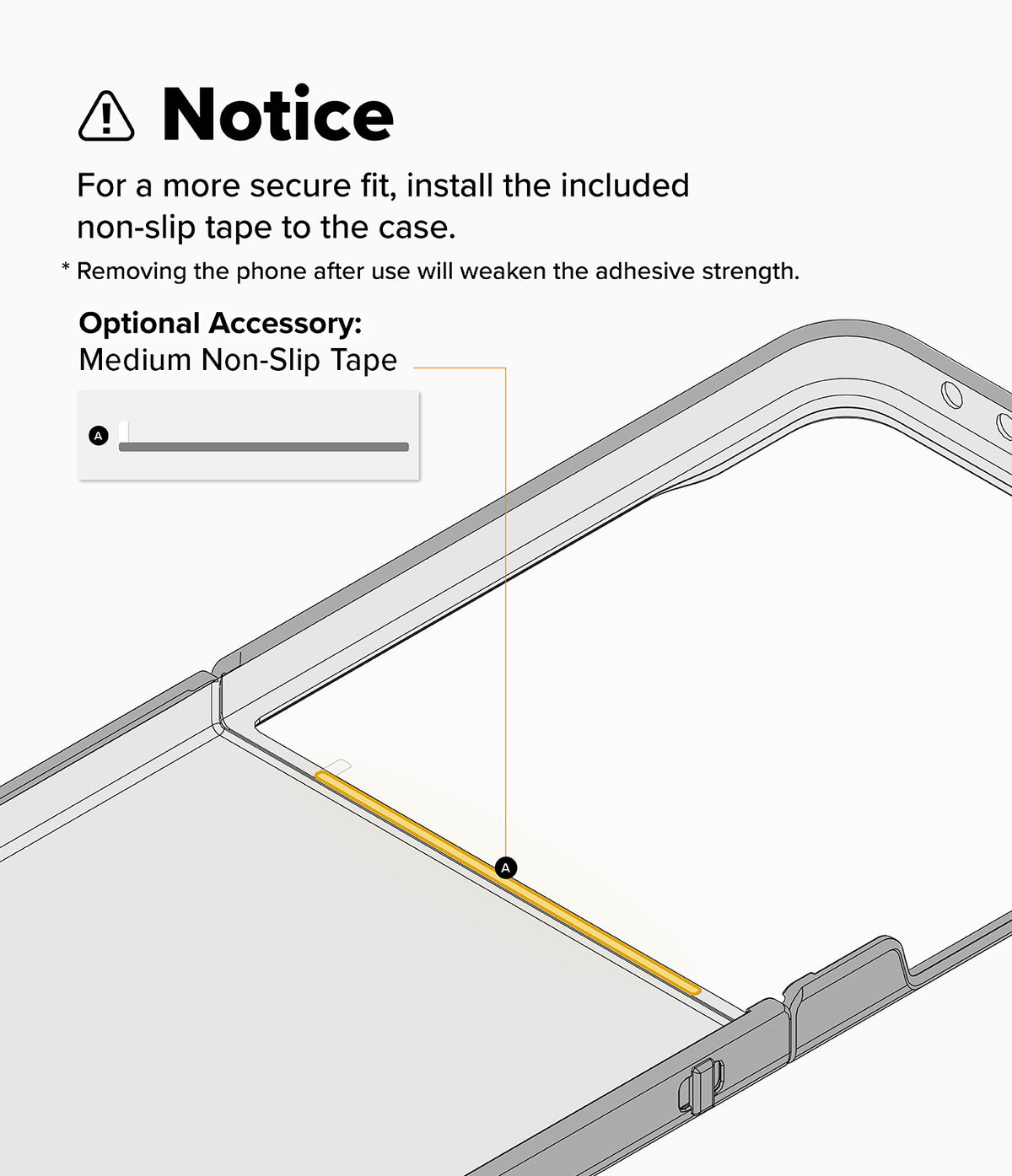 Galaxy Z Flip 7 Clear | Fusion - Diagram showing installation of non-slip tape on the phone case for a secure fit.