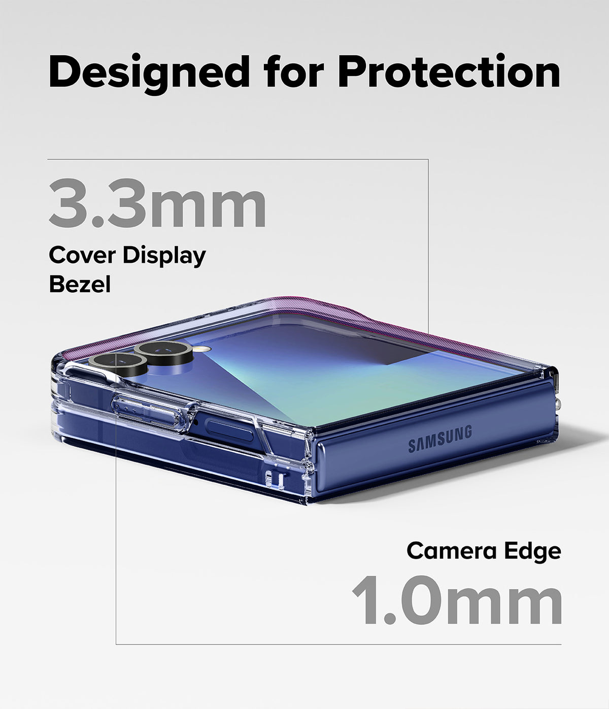 Galaxy Z Flip 7 Clear | Fusion - Folded blue phone in a clear case with labels highlighting 3.3mm bezel and 1.0mm camera edge.