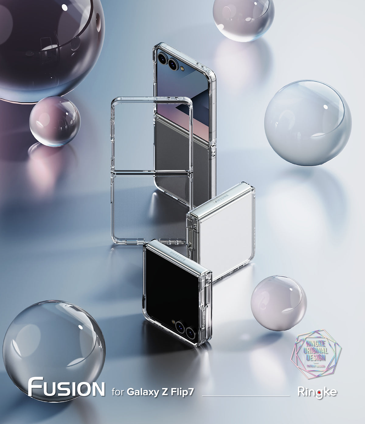 Galaxy Z Flip 7 Clear | Fusion - Clear protective cases on Galaxy Z Flip 7 phones surrounded by floating glass spheres.
