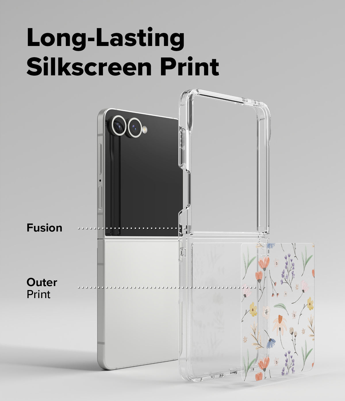 Galaxy Z Flip 7 Case | Fusion Design - Exploded view of a clear phone case with a floral print layer and a Galaxy Z Flip 7.