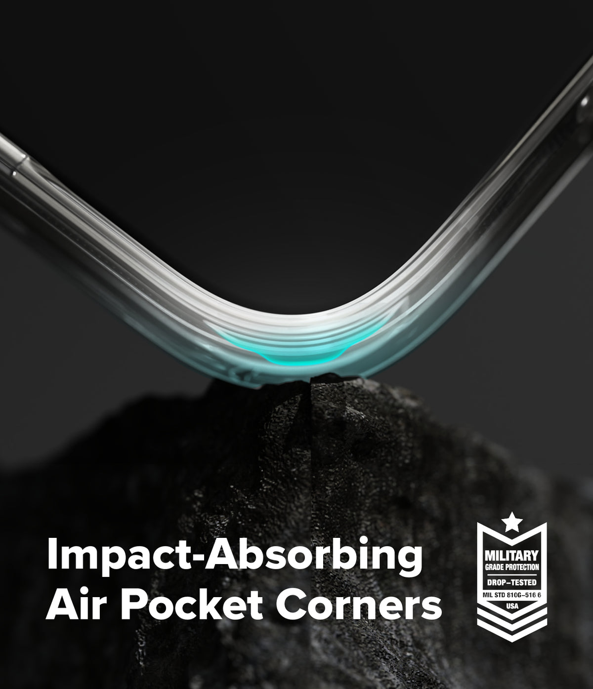 Galaxy Z Flip 7 Case | Fusion Design - Galaxy Z Flip 7 Case - Close-up of a phone case corner with an air pocket resting on a rock, highlighting impact protection.