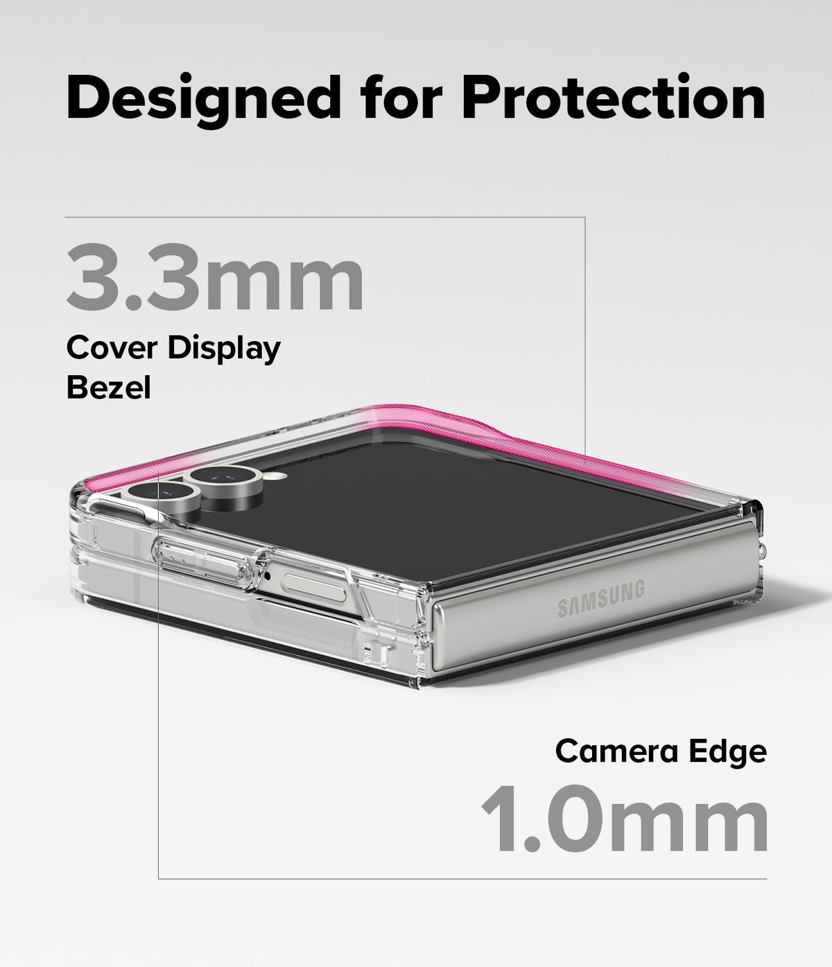 Galaxy Z Flip 7 Case | Fusion Design - Folded phone in clear case highlighting 3.3mm display bezel and 1.0mm camera edge.