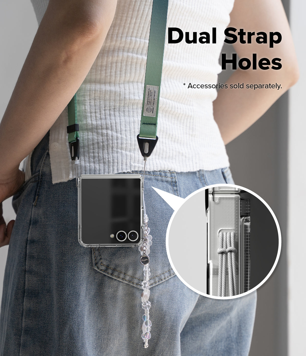 Galaxy Z Flip 7 Case | Fusion Design - Person wearing a phone case with dual strap holes and a green lanyard.
