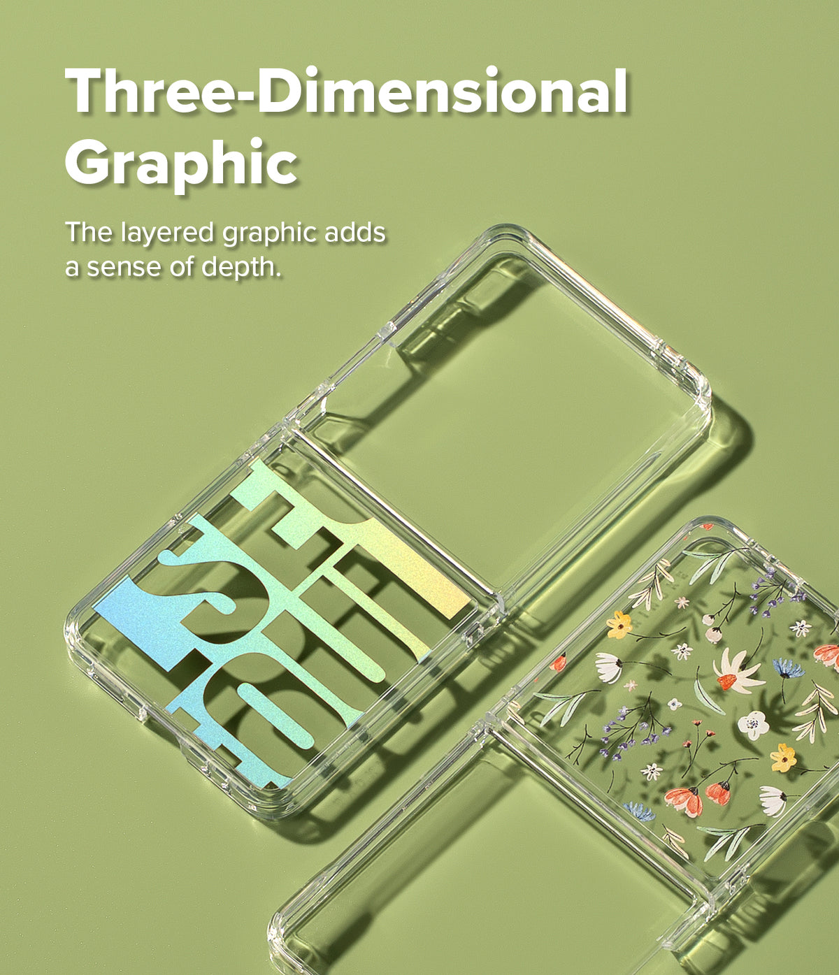 Galaxy Z Flip 7 Case | Fusion Design - Two clear phone cases on a green background, one with bold typography and one with floral art.