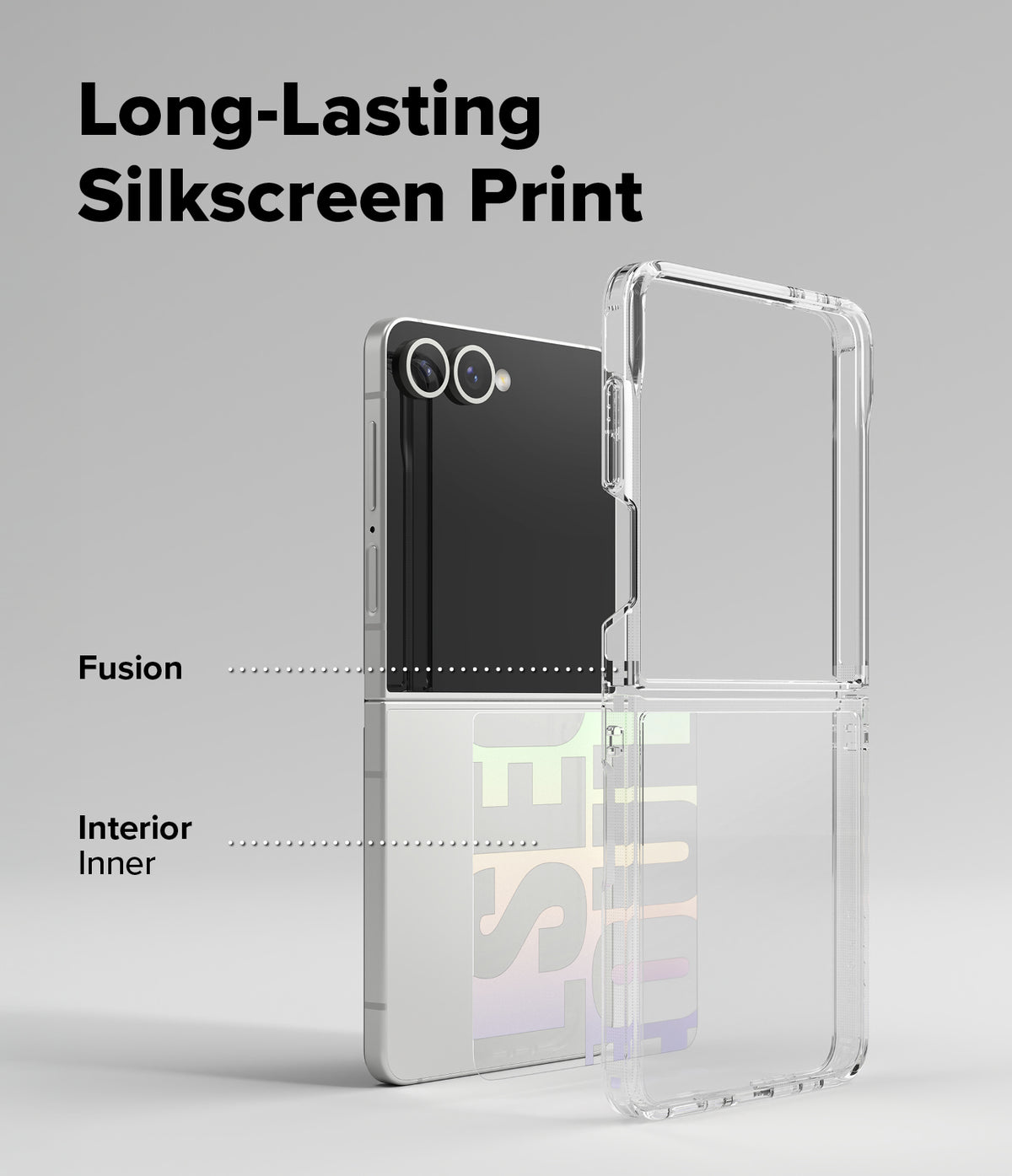 Galaxy Z Flip 7 Case | Fusion Design - Clear phone case showing fusion and interior silkscreen print layers on a phone.