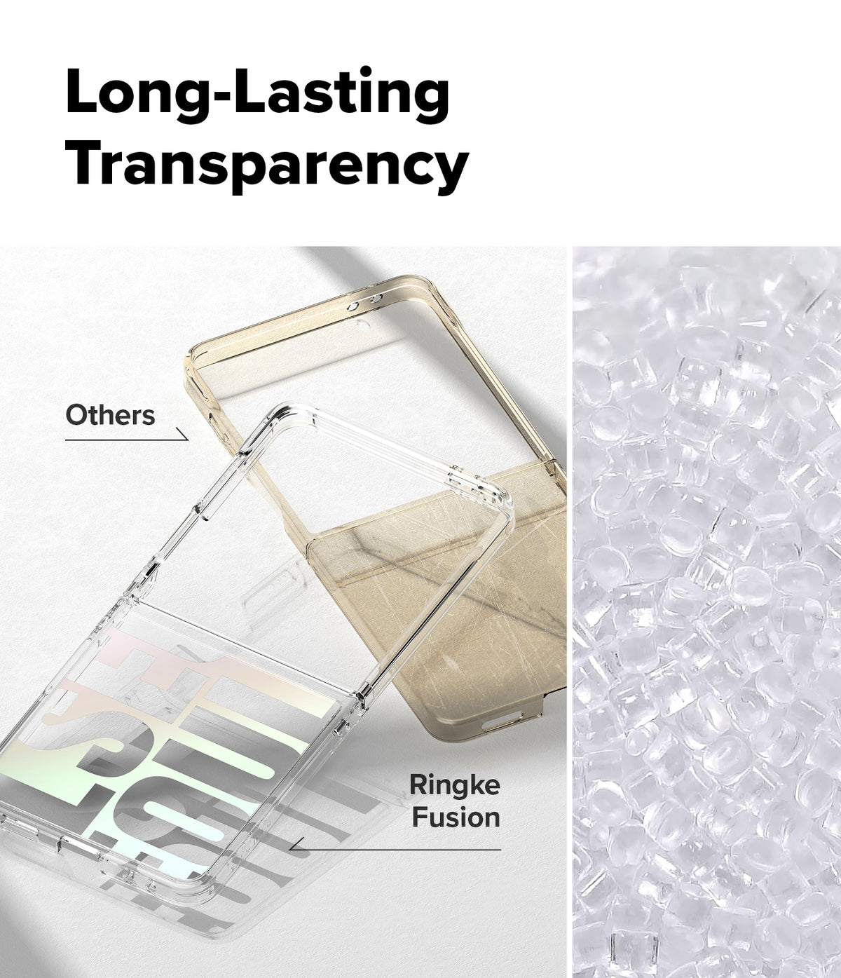 Galaxy Z Flip 7 Case | Fusion Design - Comparison of a yellowed standard case versus a clear Ringke Fusion case.