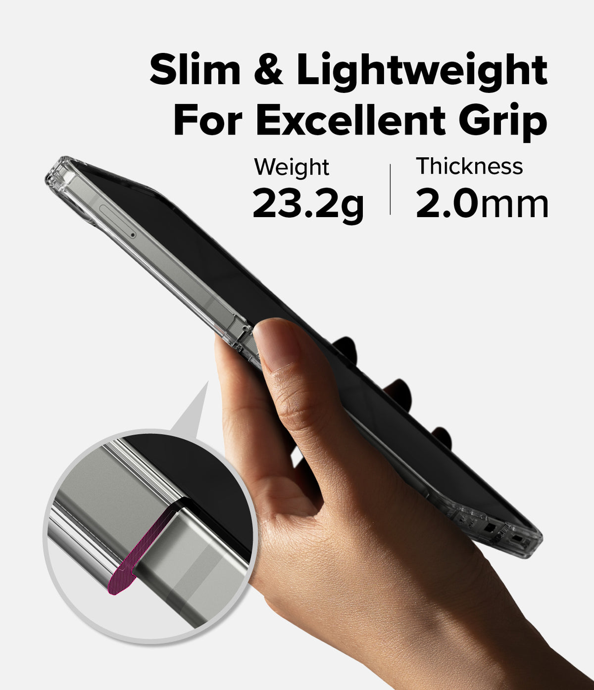 Galaxy Z Flip 7 Case | Fusion Design - Hand holding a slim, clear phone case with 23.2g weight and 2.0mm thickness specs.