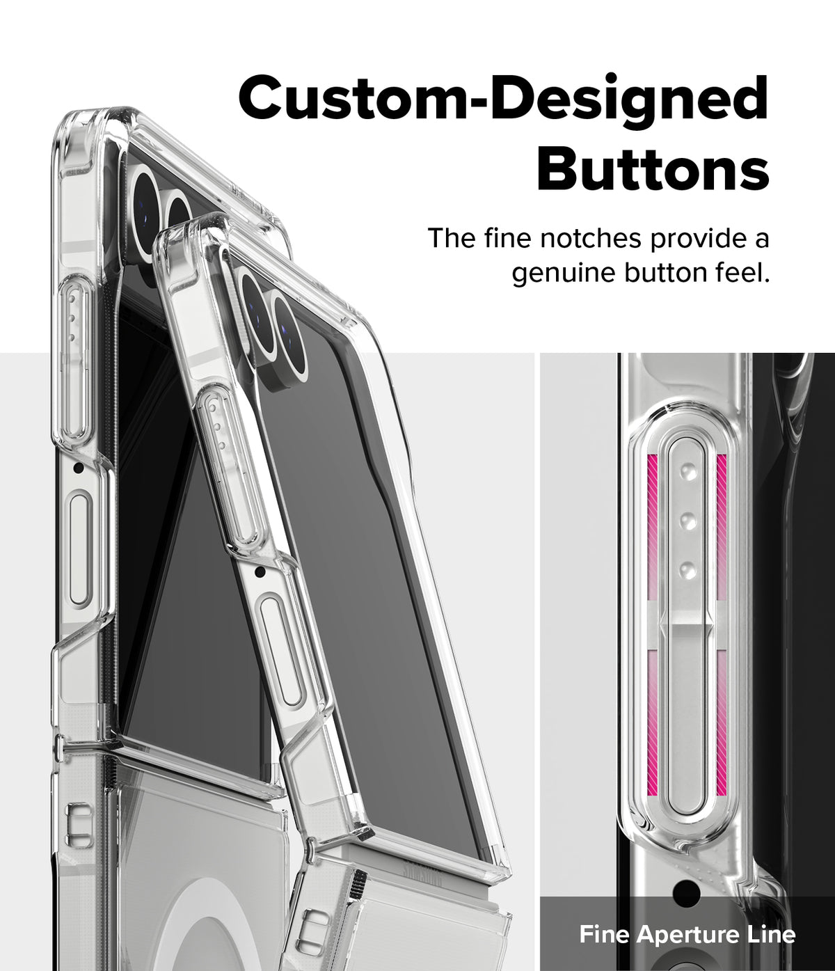 Galaxy Z Flip 7 Case | Fusion Magnetic - Clear phone case showing detailed, tactile buttons with fine notches.