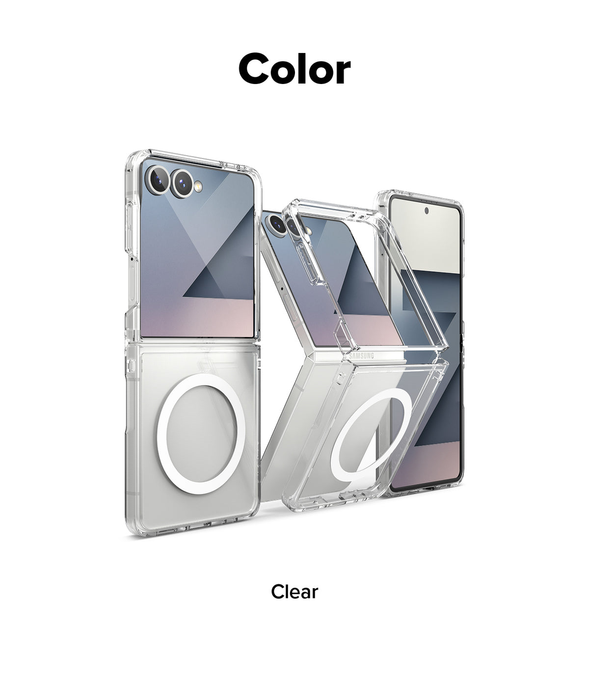 Galaxy Z Flip 7 Case | Fusion Magnetic - Clear magnetic phone case shown on a Galaxy Z Flip 7 in folded and open views.