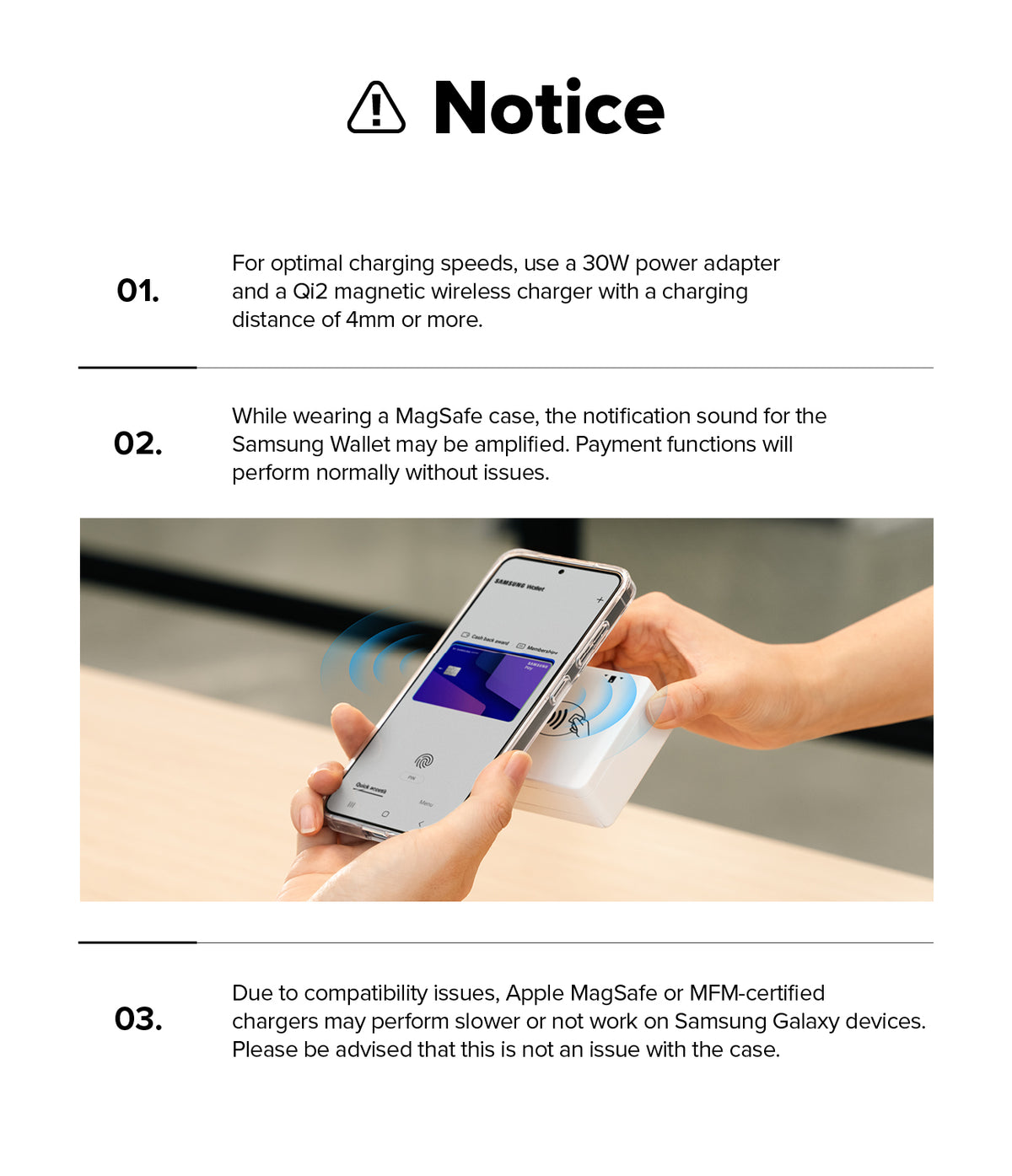 Galaxy Z Flip 7 Case | Fusion Magnetic - Informational notice with tips on charging and Samsung Wallet usage.