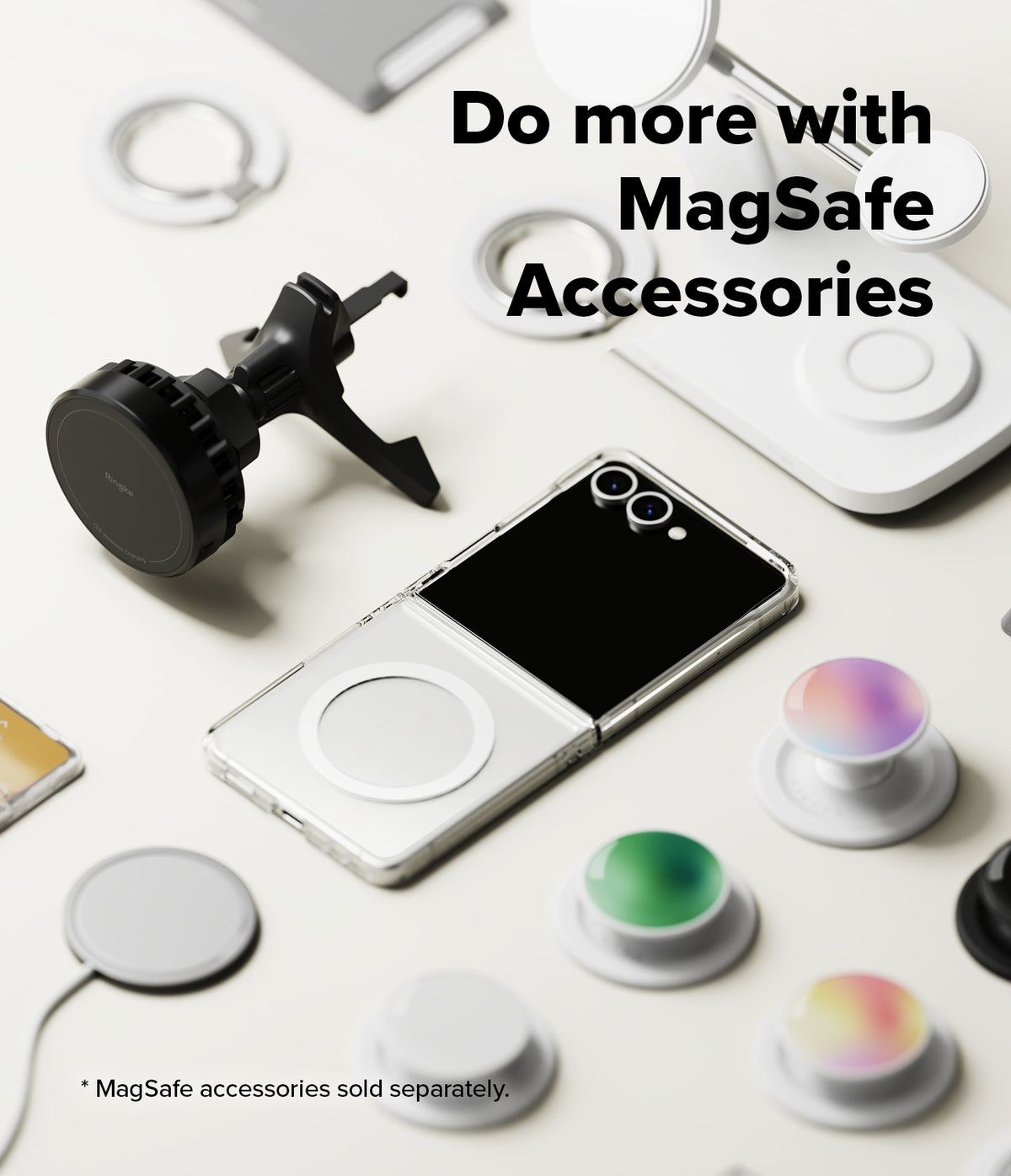 Galaxy Z Flip 7 Case | Fusion Magnetic - A clear phone case with a magnetic ring surrounded by various MagSafe accessories.