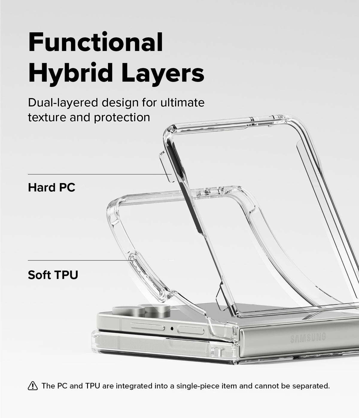 Galaxy Z Flip 7 Case | Fusion Magnetic - Exploded view of a clear hybrid phone case showing hard PC and soft TPU layers.
