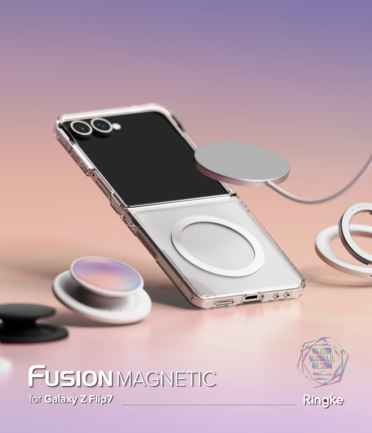 Galaxy Z Flip 7 Case | Fusion Magnetic - Clear magnetic phone case on a Galaxy Z Flip 7 with floating charging accessories.