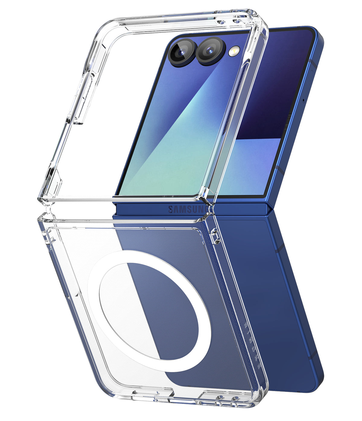 Galaxy Z Flip 7 Case | Fusion Magnetic - Clear magnetic case floating over a blue Samsung Galaxy Z Flip 7 phone.