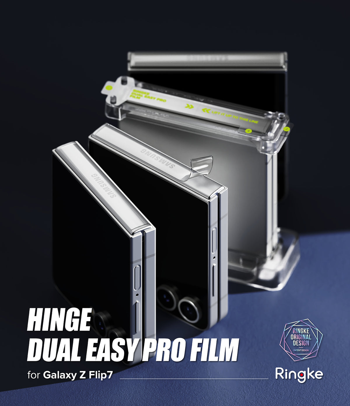 Galaxy Z Flip 7 Screen Protector | Hinge Dual Easy Pro Film (2 Pack) - Two Galaxy Z Flip 7 phones with hinge film application tools on a dark blue surface.