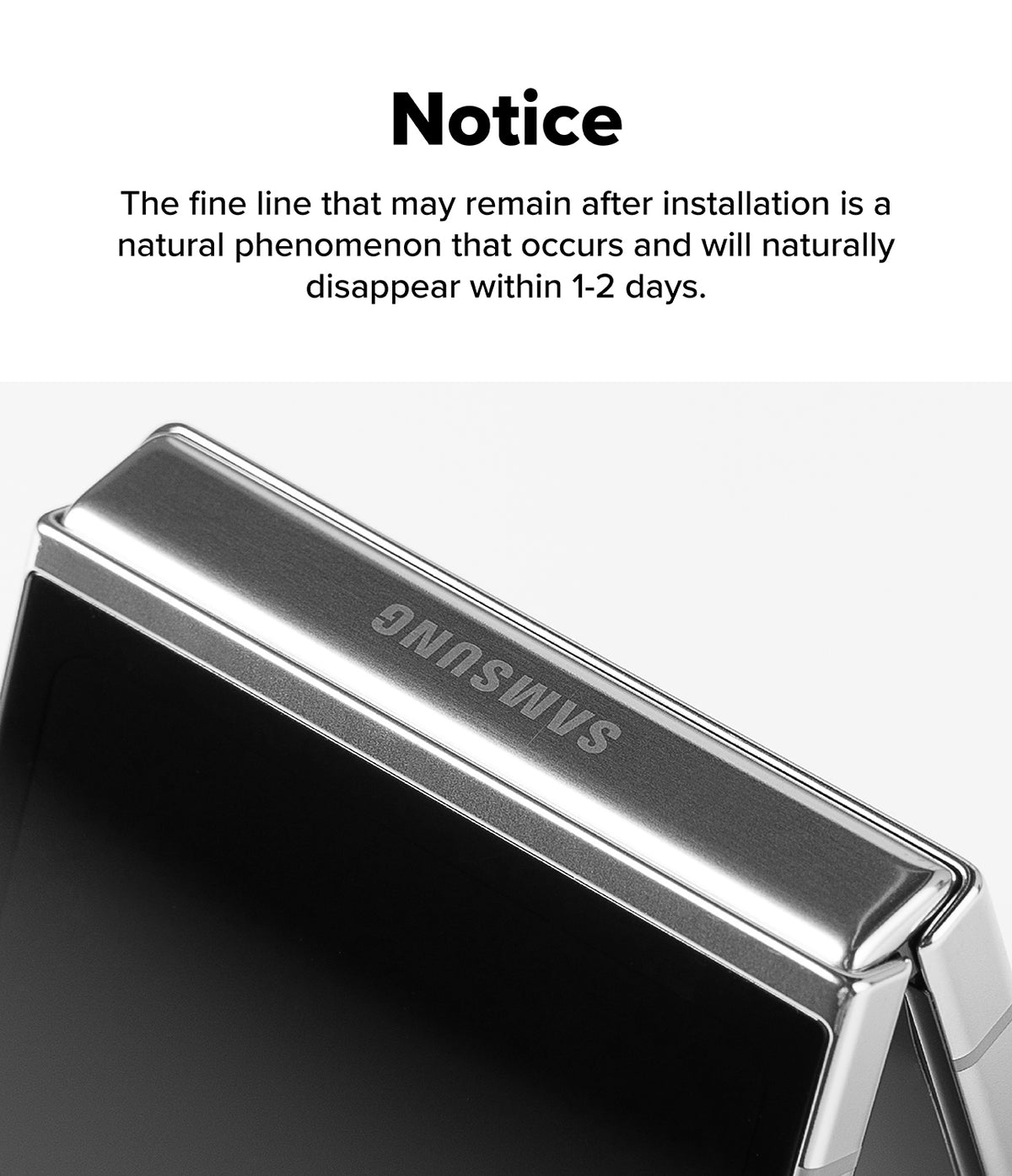 Galaxy Z Flip 7 Screen Protector | Hinge Dual Easy Pro Film (2 Pack) - Notice text about installation lines above a close-up of a Samsung phone hinge.