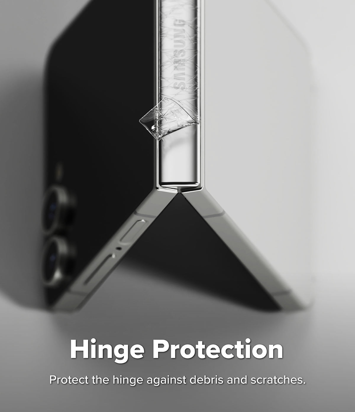 Galaxy Z Flip 7 Screen Protector | Hinge Dual Easy Pro Film (2 Pack) - A clear protective film being applied to the metallic hinge of a folded Galaxy Z Flip.