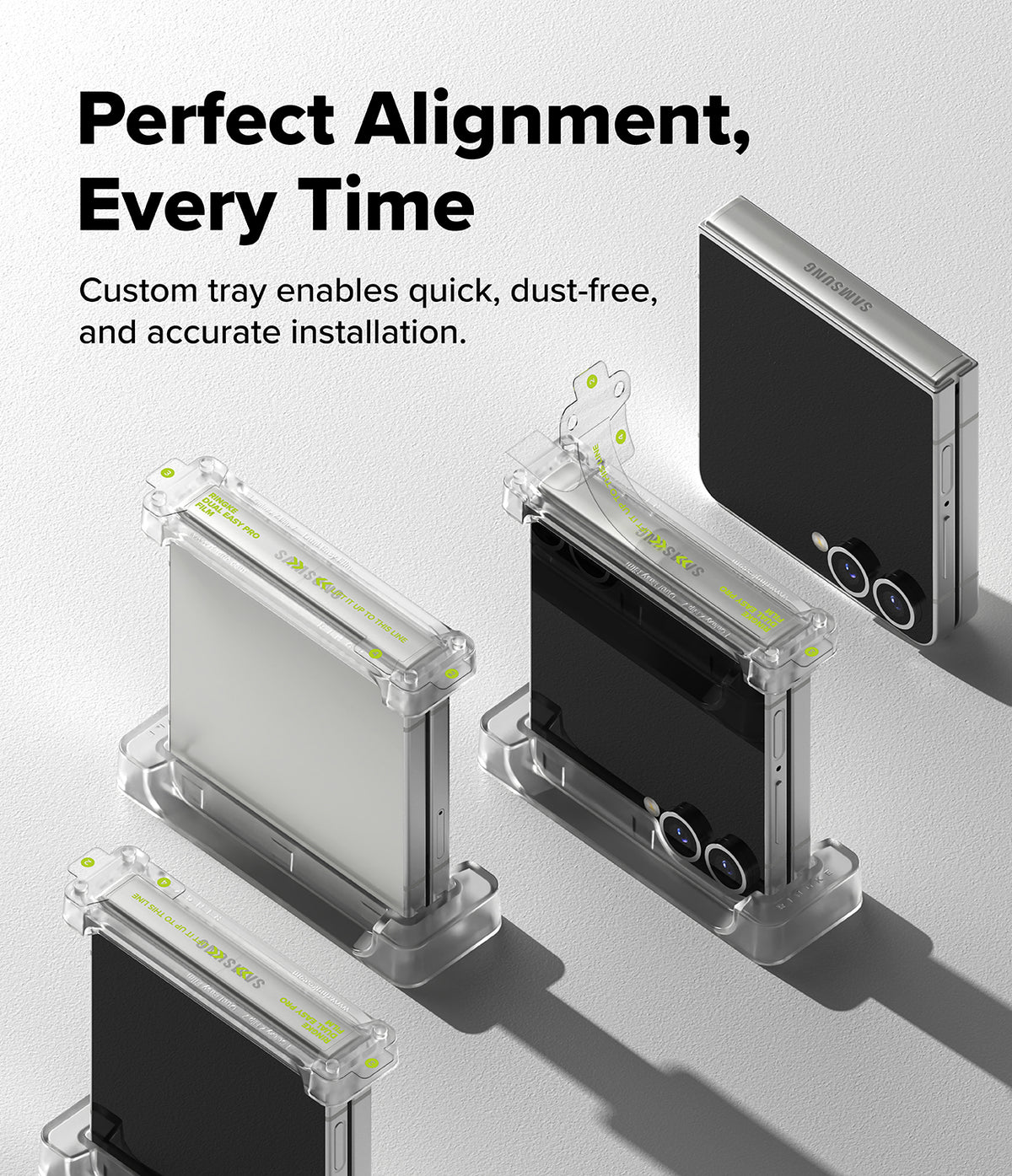 Galaxy Z Flip 7 Screen Protector | Hinge Dual Easy Pro Film (2 Pack) - Galaxy Z Flip 7 phones in clear installation trays for precise hinge film application.