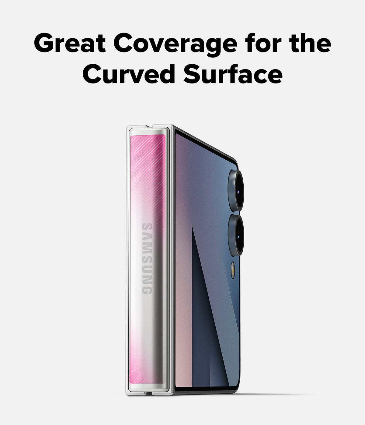 Galaxy Z Flip 7 Screen Protector | Hinge Dual Easy Pro Film (2 Pack) - A folded phone showing a pink protective film applied to the curved hinge surface.