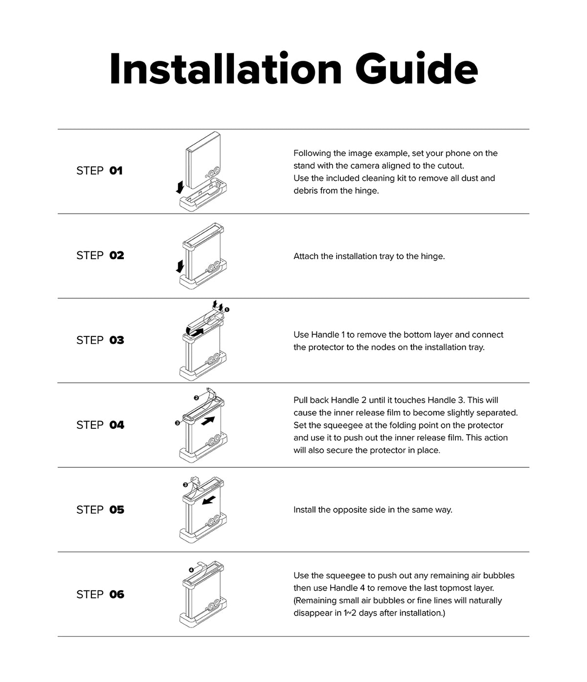 Galaxy Z Flip 7 Screen Protector | Hinge Dual Easy Pro Film (2 Pack) - Six-step illustrated installation guide for applying a hinge film to a foldable phone.
