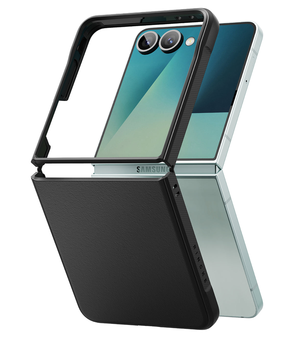 Galaxy Z Flip 7 Case | Onyx - A black textured protective case partially fitted onto a light green Samsung Galaxy Z Flip 7.