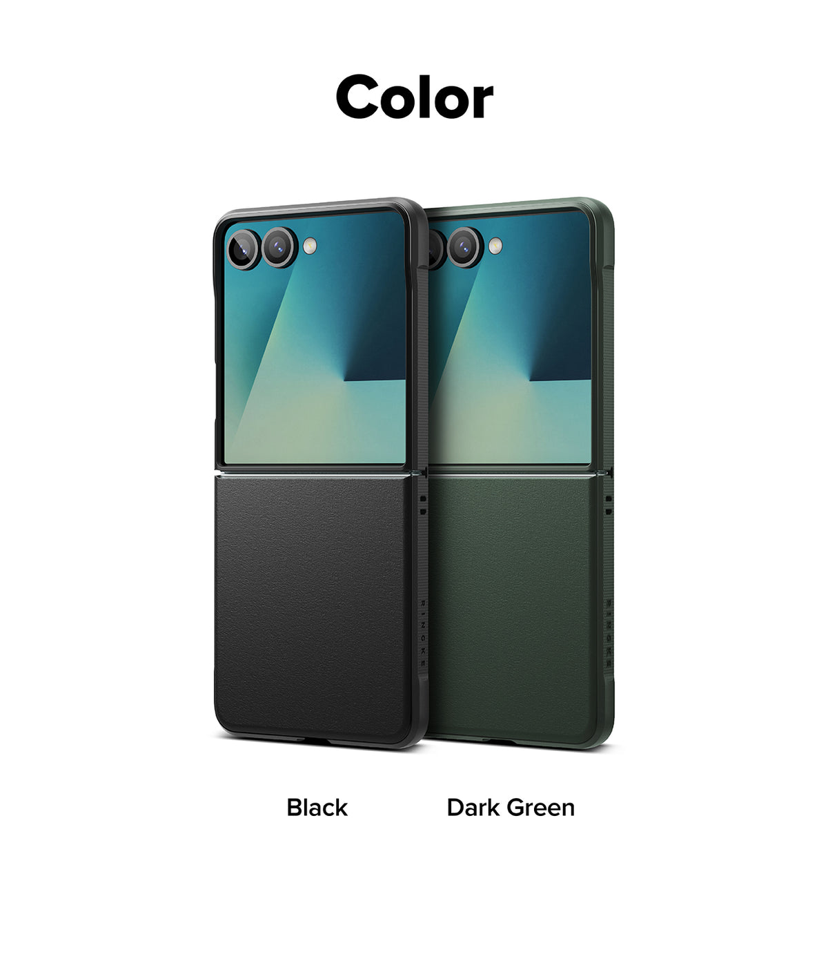 Galaxy Z Flip 7 Case | Onyx - Two Galaxy Z Flip 7 phones in black and dark green cases side-by-side against a white background.