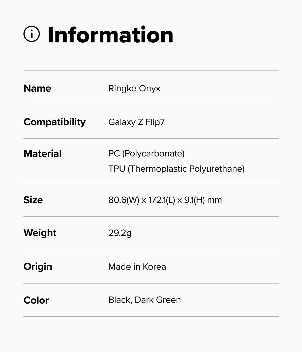Galaxy Z Flip 7 Case | Onyx - Information table listing product name, compatibility, materials, size, weight, origin, and color.