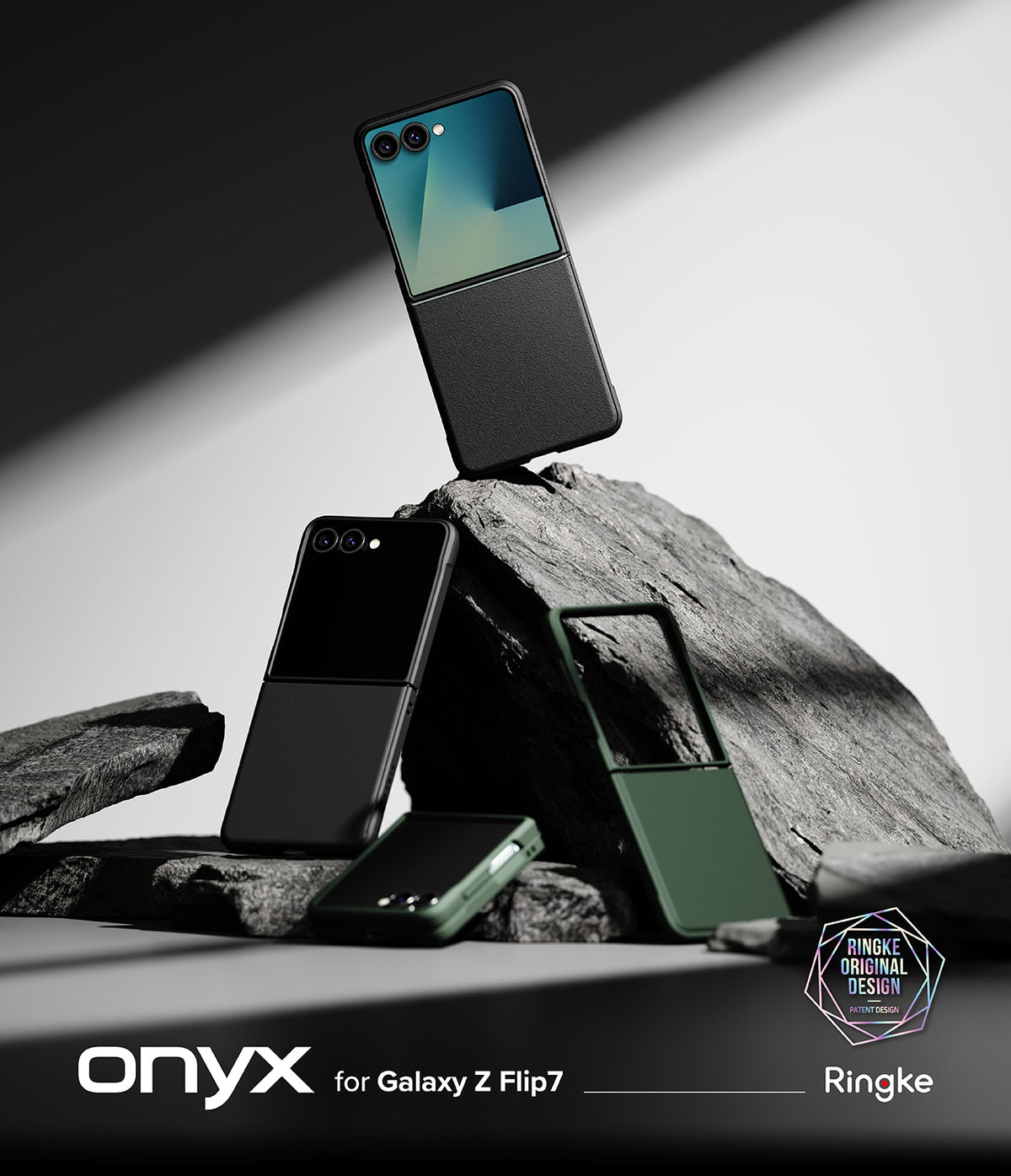 Galaxy Z Flip 7 Case | Onyx - Black and green Onyx phone cases displayed on jagged rocks against a dark background.