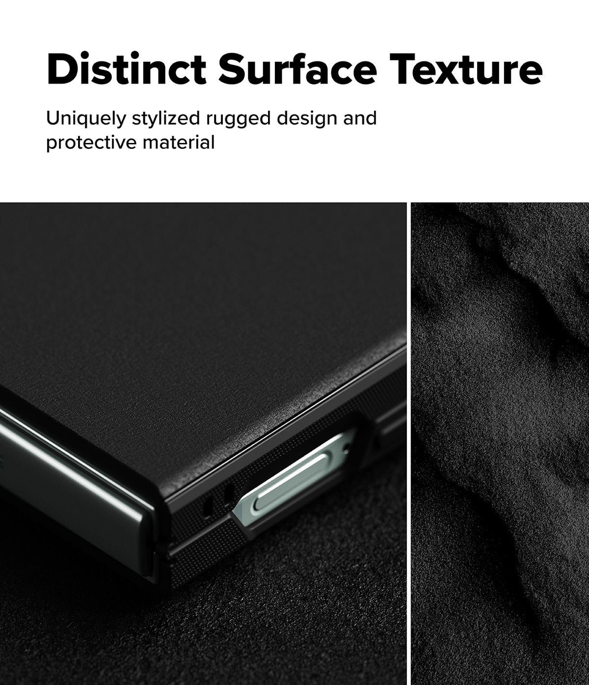 Galaxy Z Flip 7 Case | Onyx - Close-up of a black phone case with a rugged, textured surface and metallic side button.