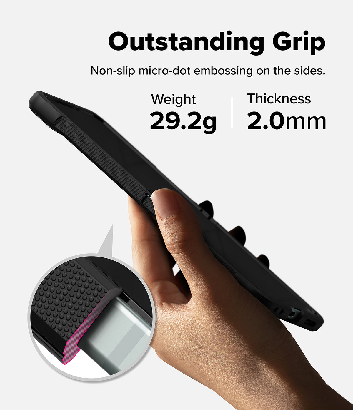 Galaxy Z Flip 7 Case | Onyx - Hand holding black phone case with micro-dot side texture, 29.2g weight, and 2.0mm thickness.