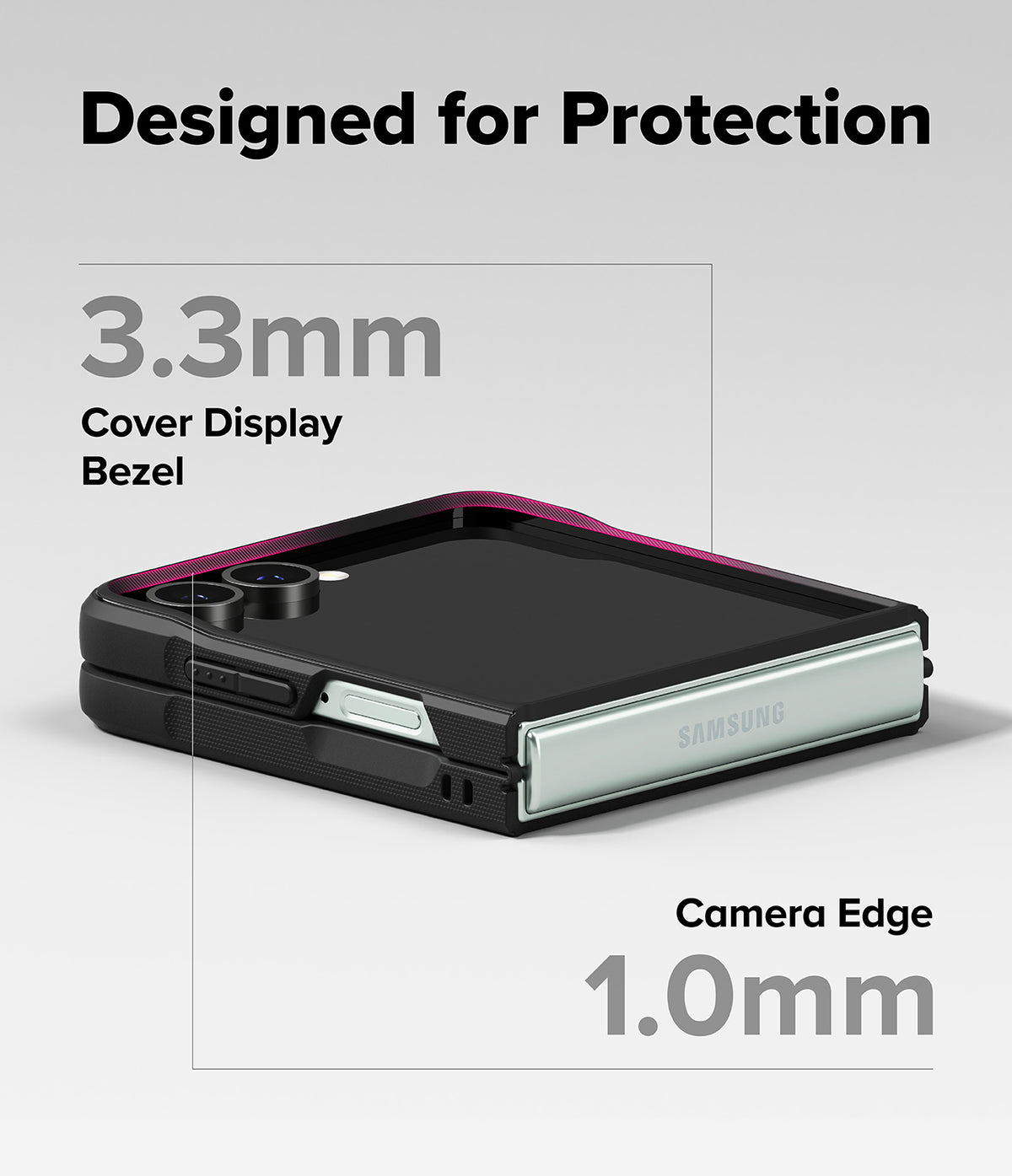 Galaxy Z Flip 7 Case | Onyx - Folded phone in black case highlighting 3.3mm cover display bezel and 1.0mm camera edge protection.
