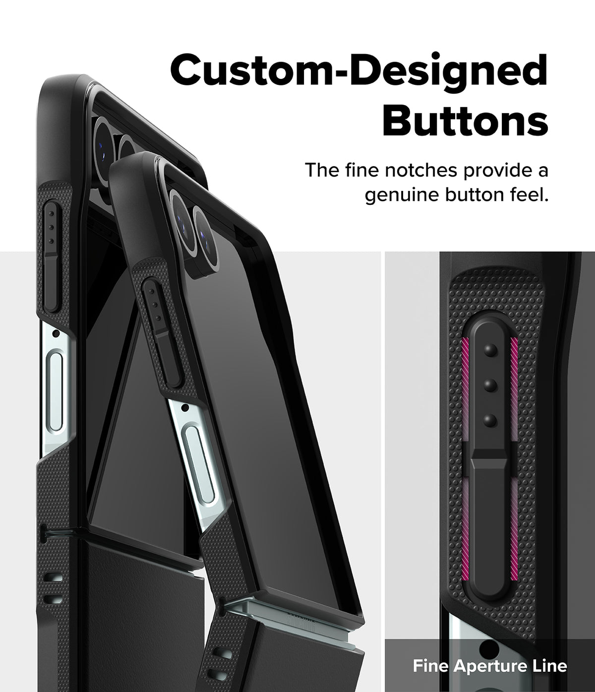Galaxy Z Flip 7 Case | Onyx - Close-up of black phone case buttons with textured grips and fine notches for tactile feedback.