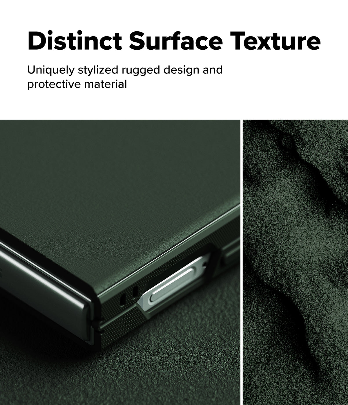 Galaxy Z Flip 7 Case | Onyx - Close-up of a dark green, textured phone case with a rugged, matte finish and metallic side button.