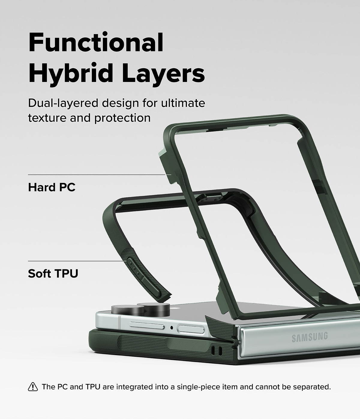 Galaxy Z Flip 7 Case | Onyx - Exploded view showing hard PC and soft TPU layers of a dark green phone case on a Z Flip.