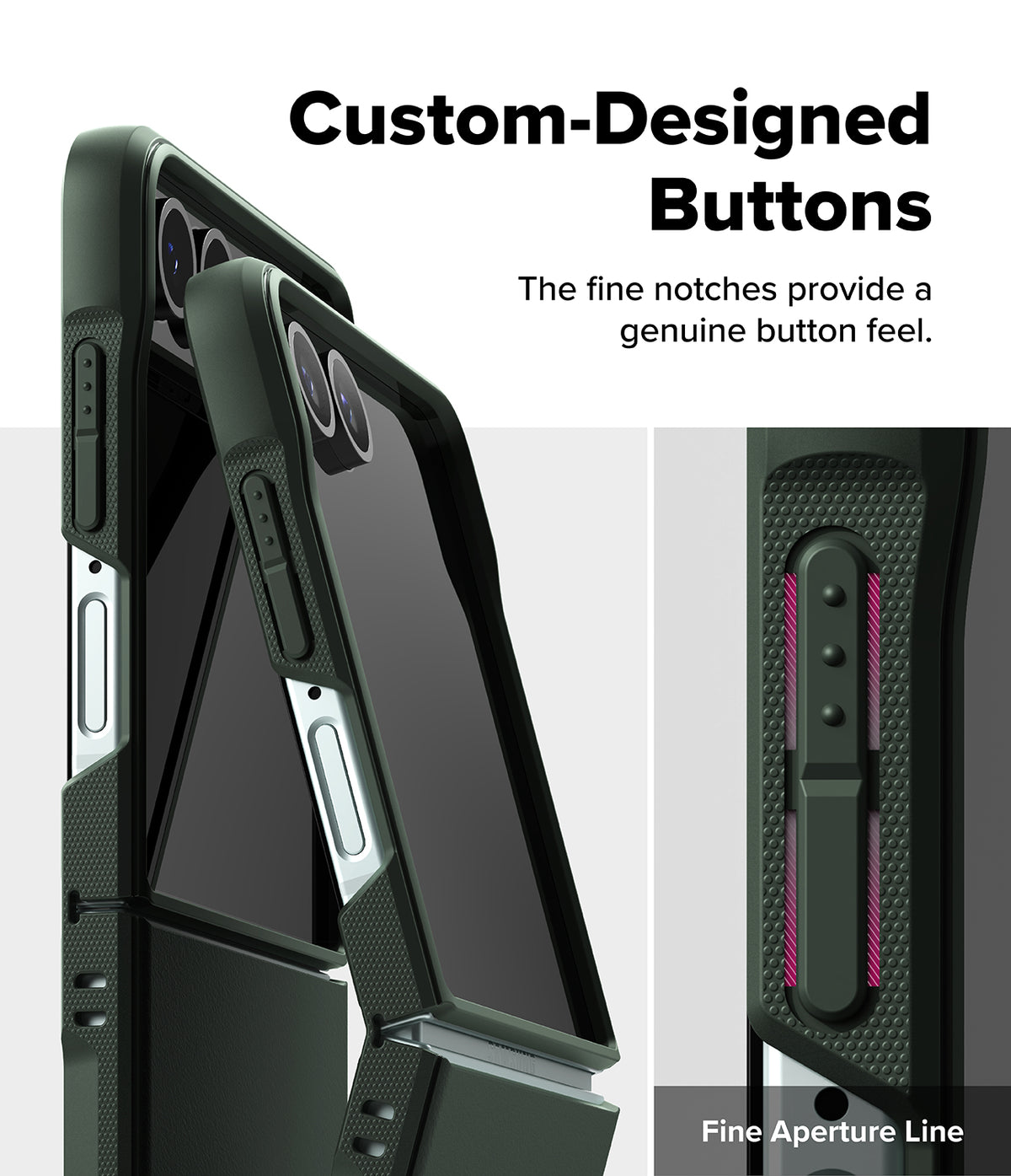 Galaxy Z Flip 7 Case | Onyx - Close-up of textured phone case buttons with fine notches for a tactile, genuine feel.