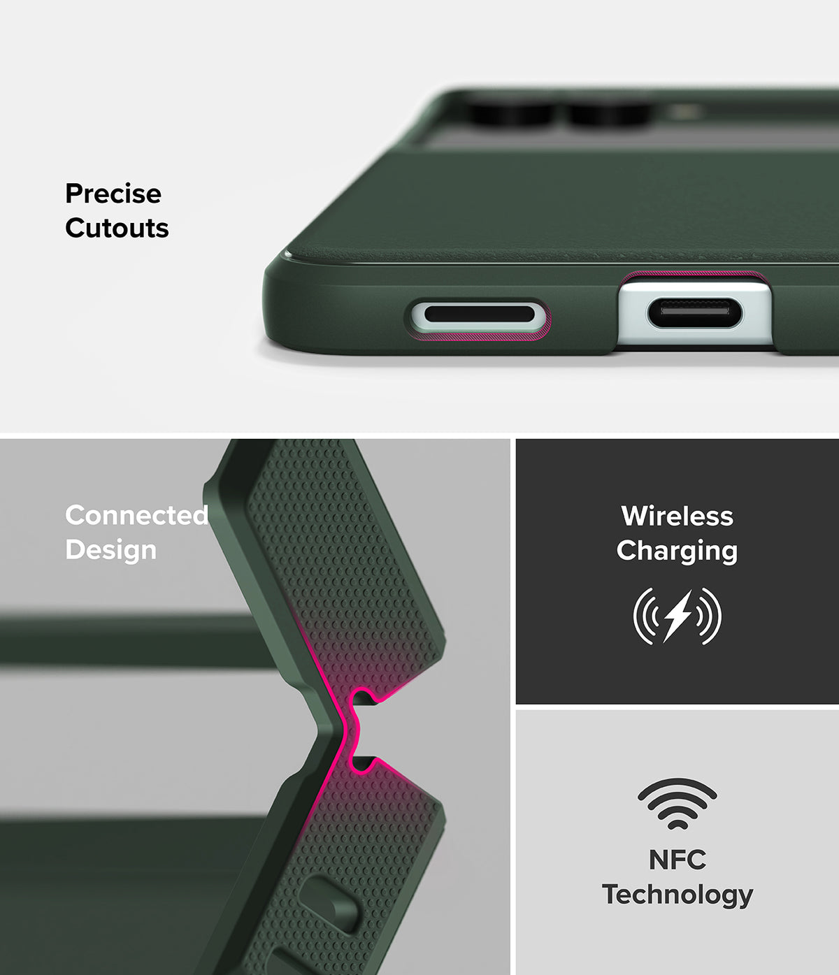 Galaxy Z Flip 7 Case | Onyx - Dark green phone case showing precise port cutouts, a connected hinge, and wireless/NFC icons.