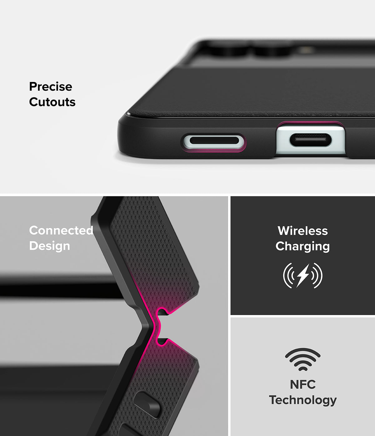 Galaxy Z Flip 7 Case | Onyx Magnetic - Close-up of phone case features showing precise cutouts, hinge design, wireless charging, and NFC.