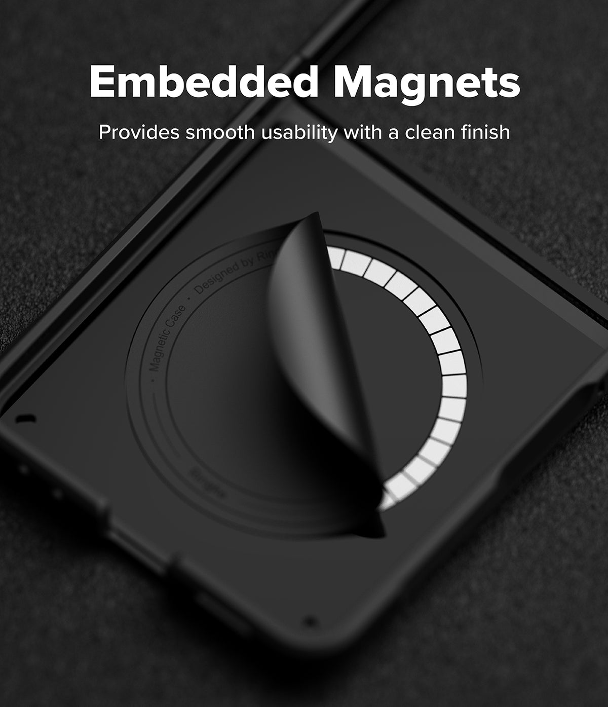 Galaxy Z Flip 7 Case | Onyx Magnetic - Black phone case showing an embedded circular magnet ring under a peeling layer.