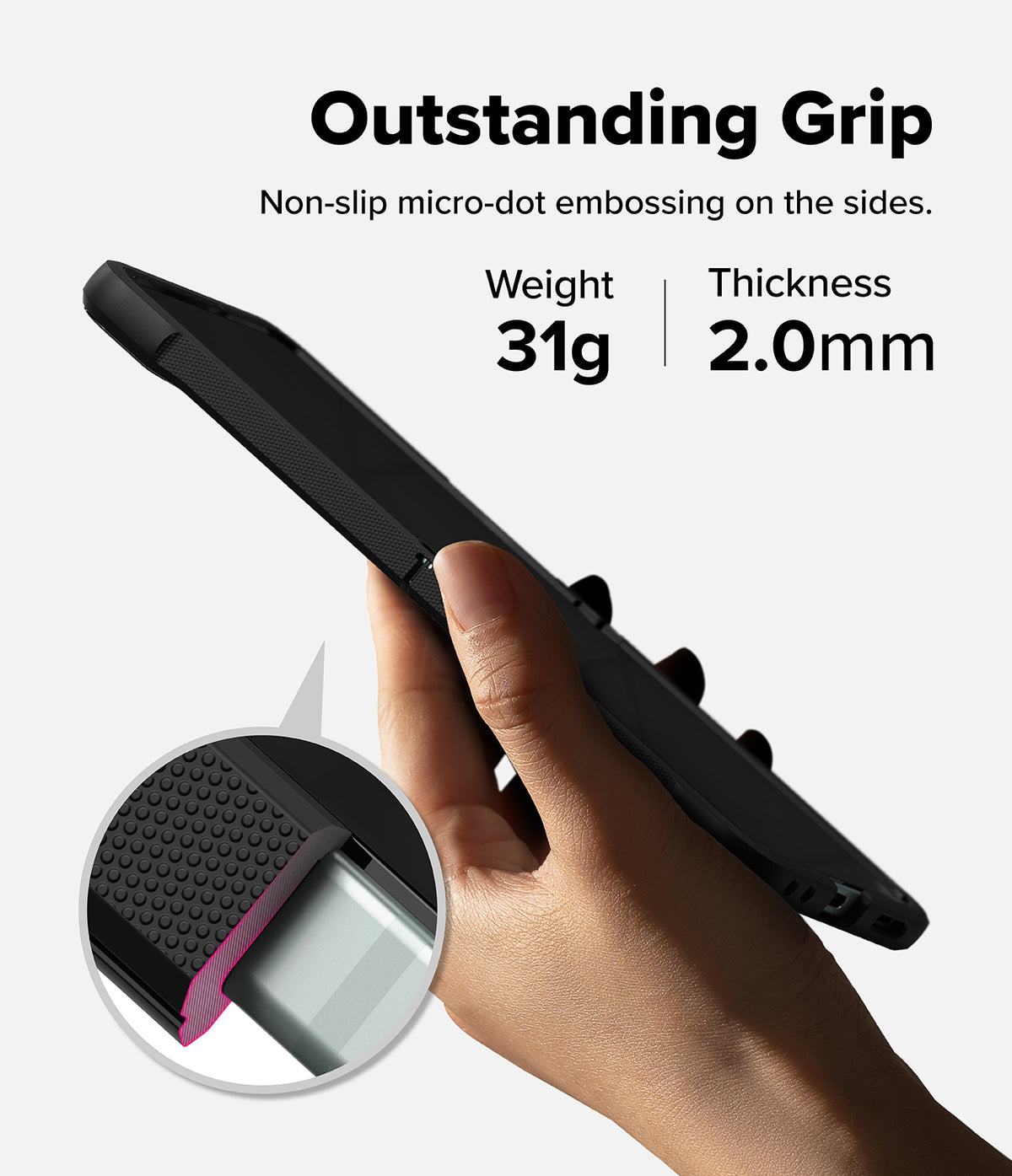 Galaxy Z Flip 7 Case | Onyx Magnetic - Hand holding black phone case with micro-dot side texture, 31g weight, 2.0mm thickness.