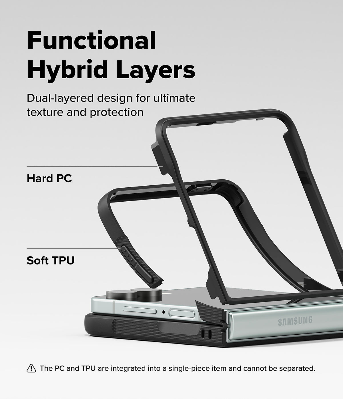 Galaxy Z Flip 7 Case | Onyx Magnetic - Exploded view showing hard PC and soft TPU layers of the phone case.