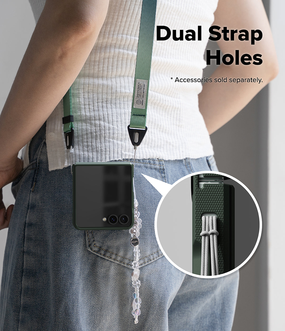 Galaxy Z Flip 7 Case | Onyx Magnetic - Person wearing a phone case with dual strap holes and a green lanyard.