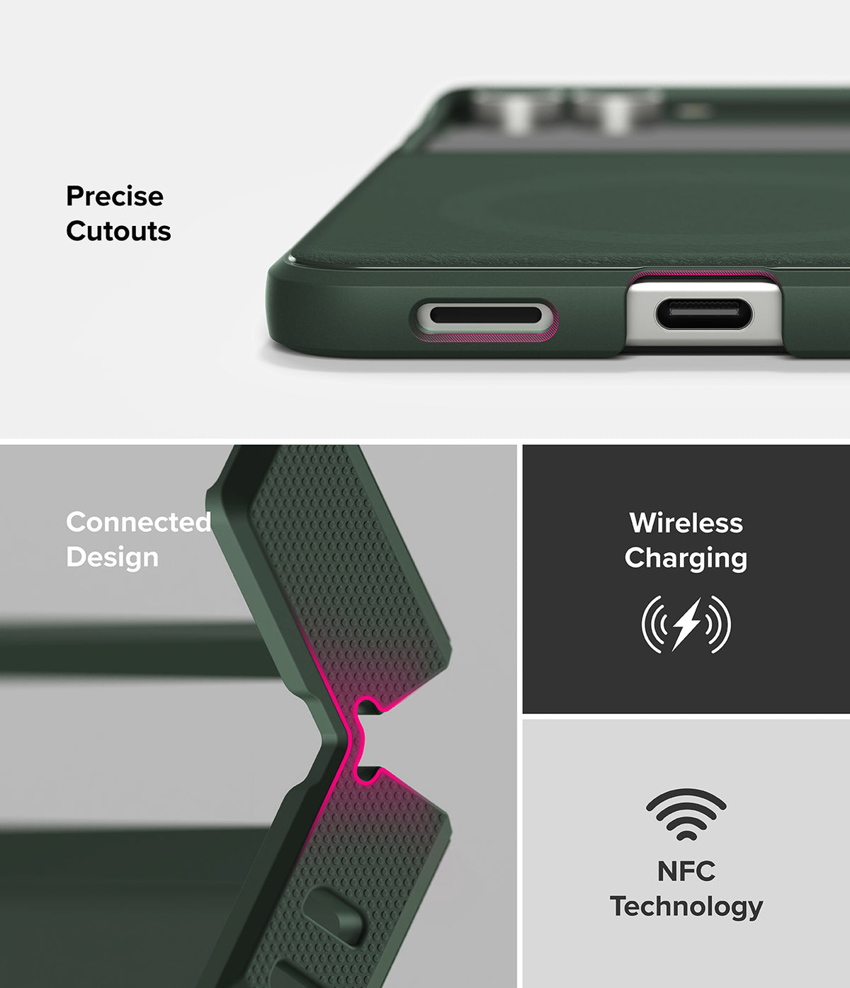 Galaxy Z Flip 7 Case | Onyx Magnetic - Dark green phone case showing precise cutouts, connected hinge, and wireless/NFC.