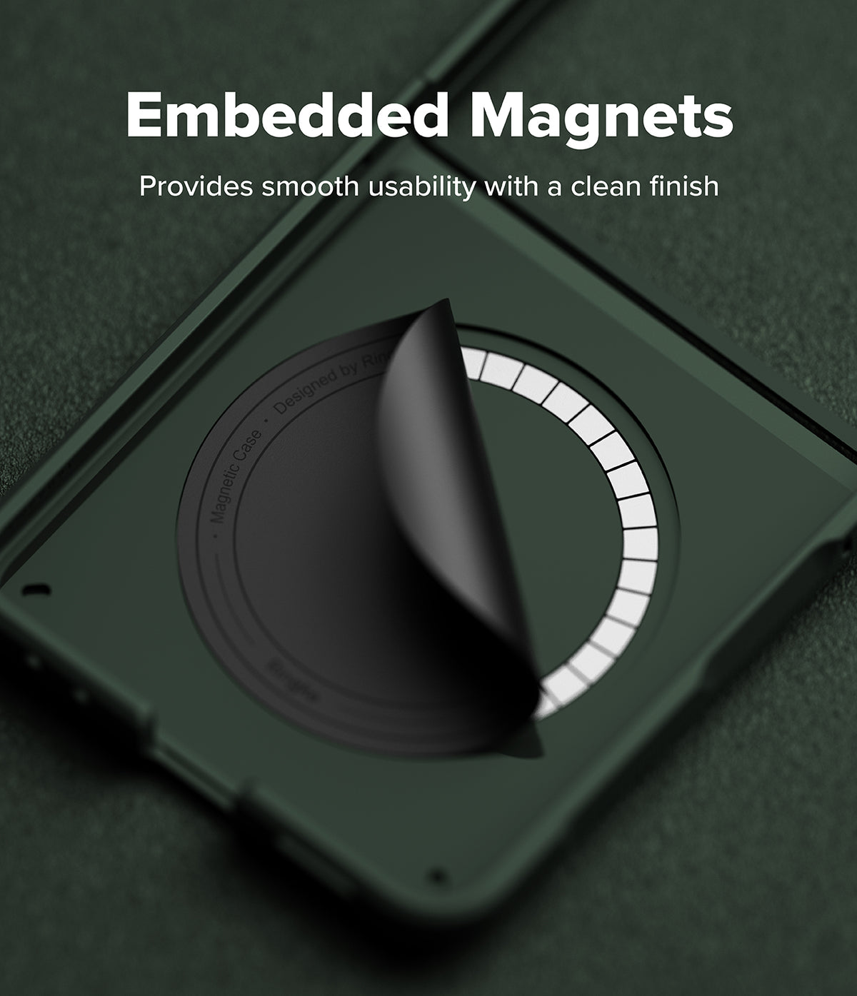 Galaxy Z Flip 7 Case | Onyx Magnetic - Dark green phone case showing an internal magnetic ring being peeled back.
