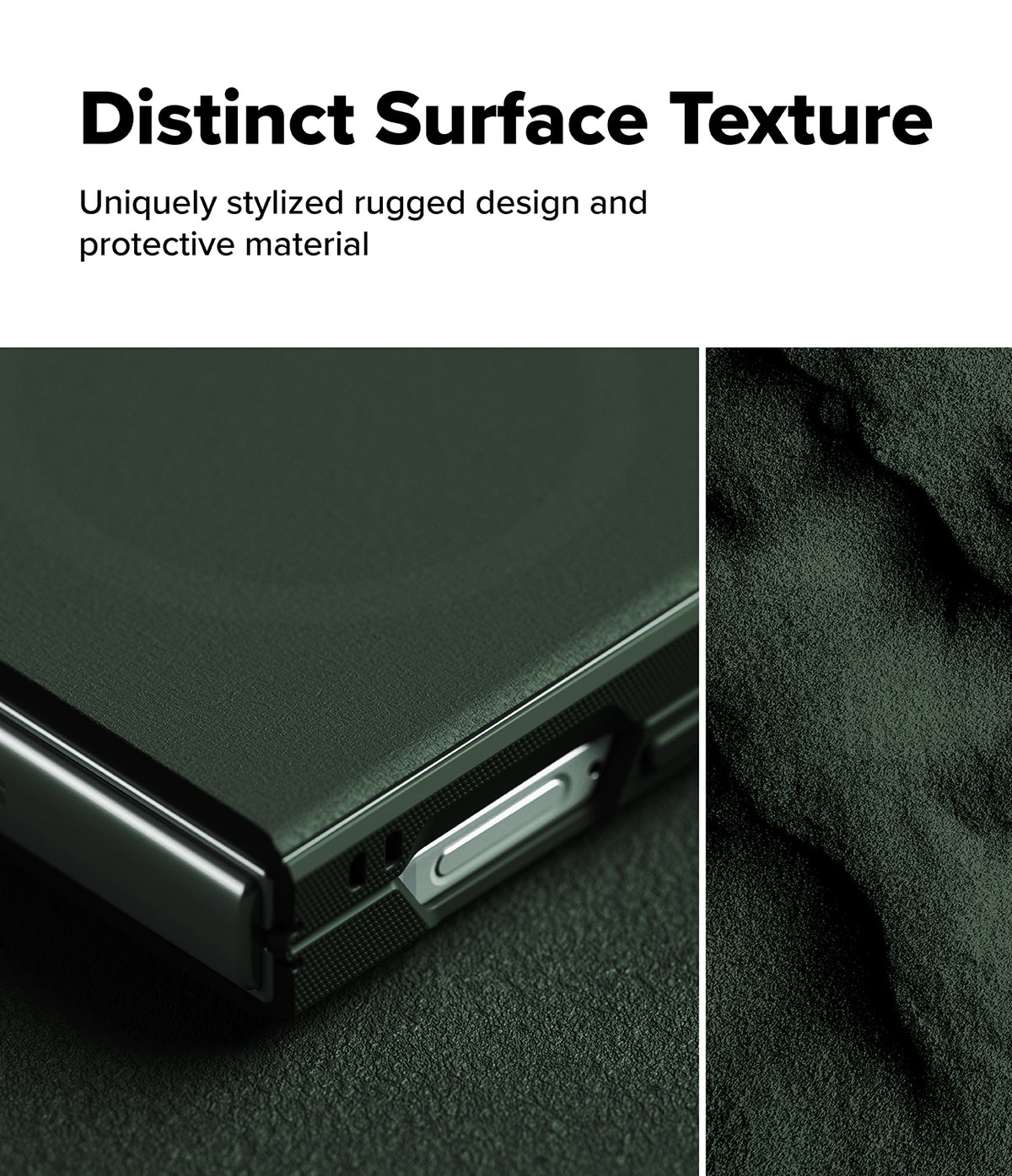 Galaxy Z Flip 7 Case | Onyx Magnetic - Close-up of a dark green rugged phone case texture next to a rocky stone surface.