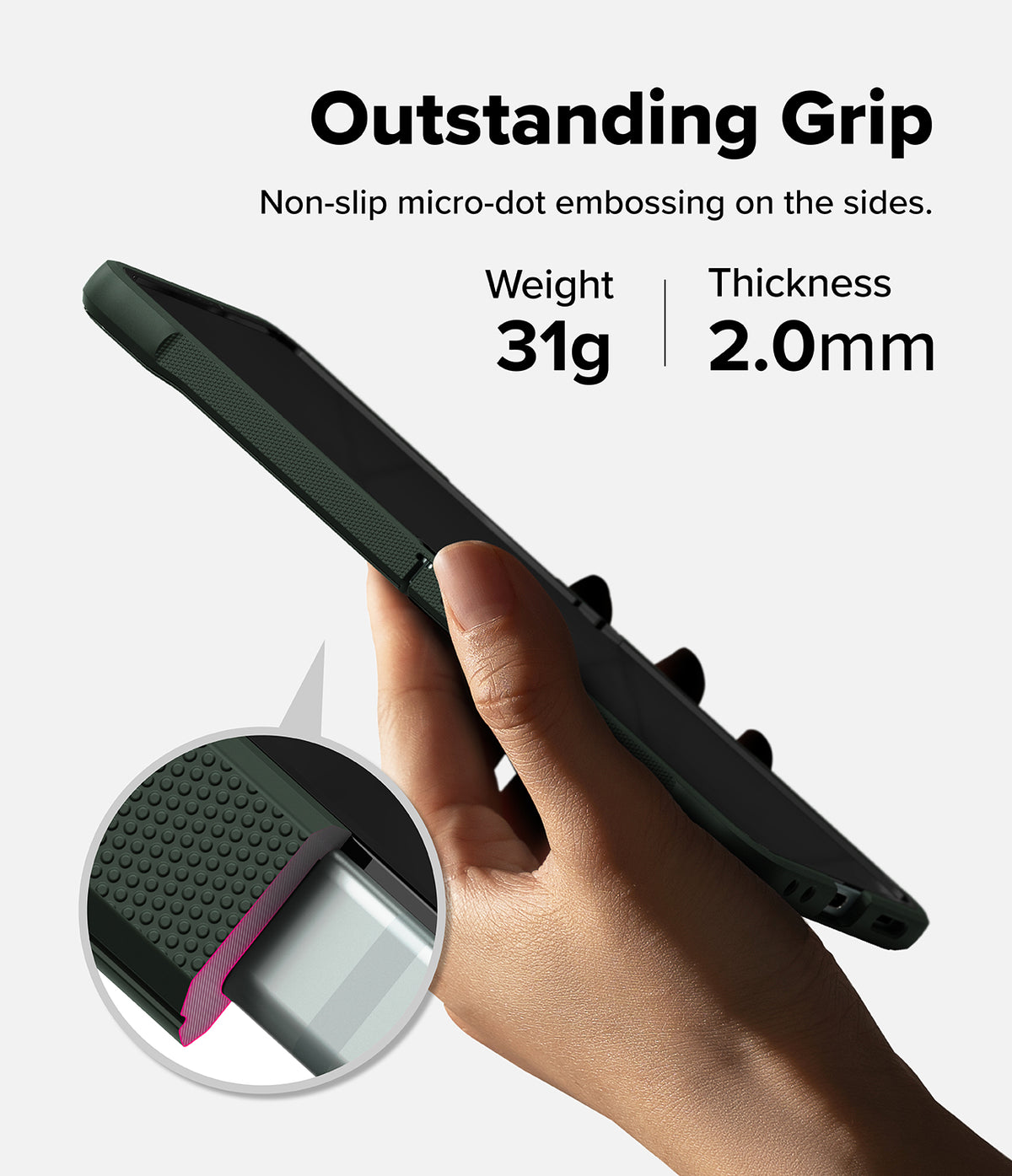 Galaxy Z Flip 7 Case | Onyx Magnetic - Hand holding phone case with micro-dot side grip, 31g weight, and 2.0mm thickness.